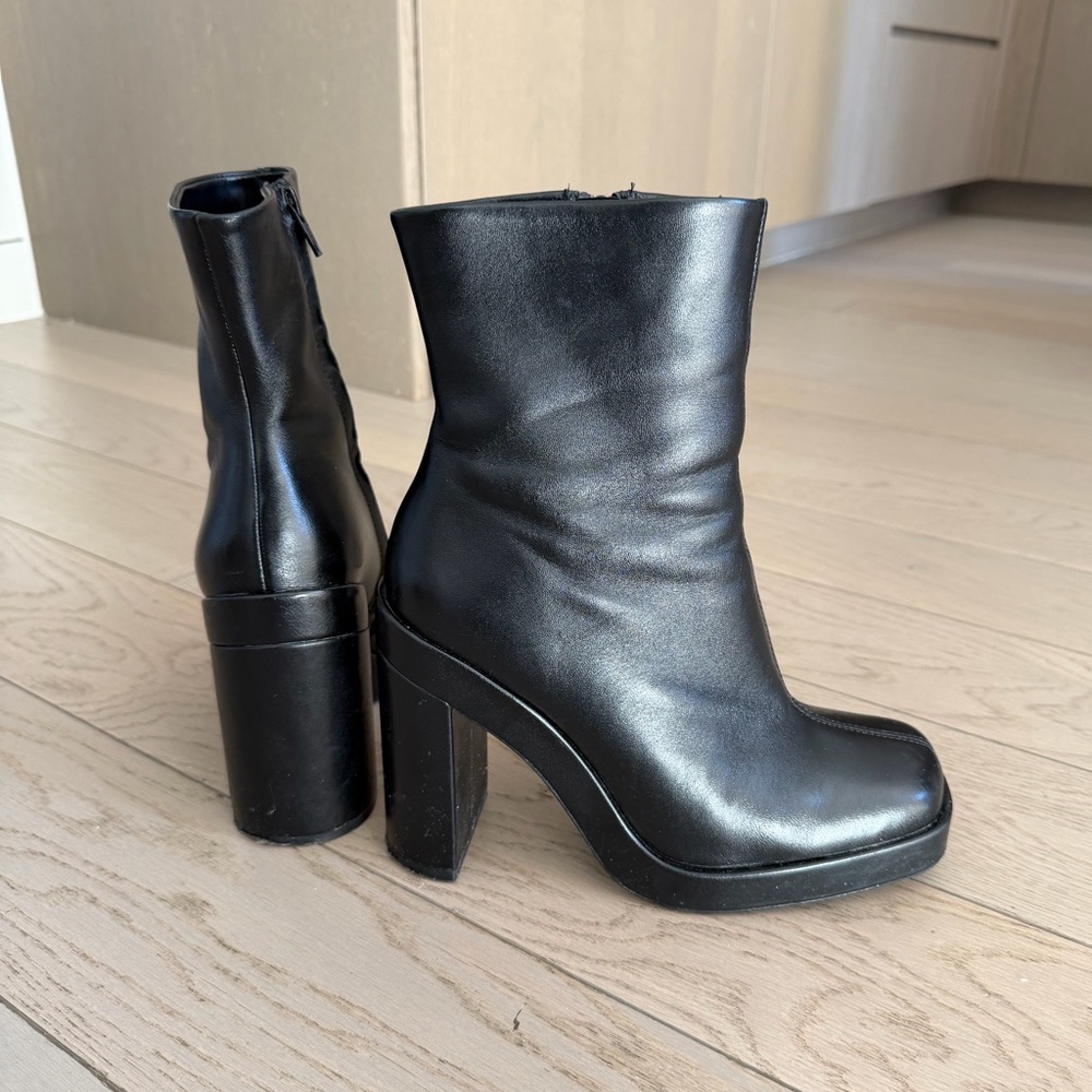 Square Toe Leather Black Ankle Booties
